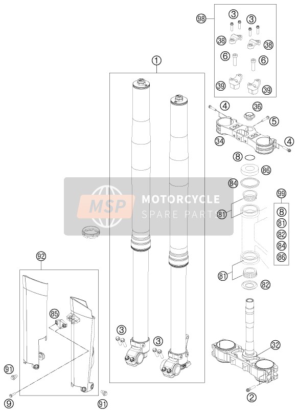 KTM 250 SX-F Europe 2012 Tenedor frontal, Abrazadera triple para un 2012 KTM 250 SX-F Europe