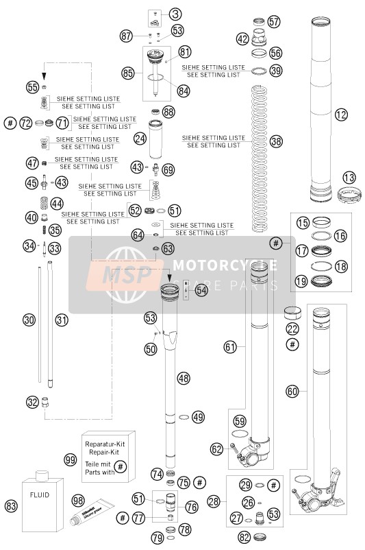 KTM 250 SX-F FACT.REPL.MUSQ. ED Europe 2010 Front Fork Disassembled for a 2010 KTM 250 SX-F FACT.REPL.MUSQ. ED Europe