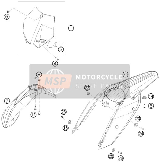 KTM 250 SX-F FACT.REPL.MUSQ. ED Europe 2010 Masker, Spatborden voor een 2010 KTM 250 SX-F FACT.REPL.MUSQ. ED Europe