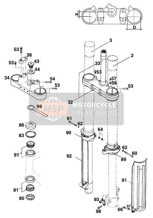 KTM 250 SX M/O Europe 1994 Voorvork, Kroonplaat set voor een 1994 KTM 250 SX M/O Europe