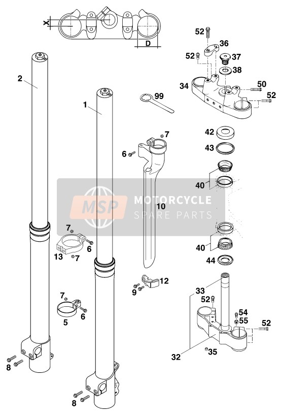 KTM 250 SX USA 1998 Forcella anteriore, Triplo morsetto per un 1998 KTM 250 SX USA