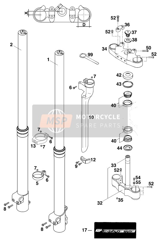 KTM 250 SX USA 1999 Voorvork, Kroonplaat set voor een 1999 KTM 250 SX USA