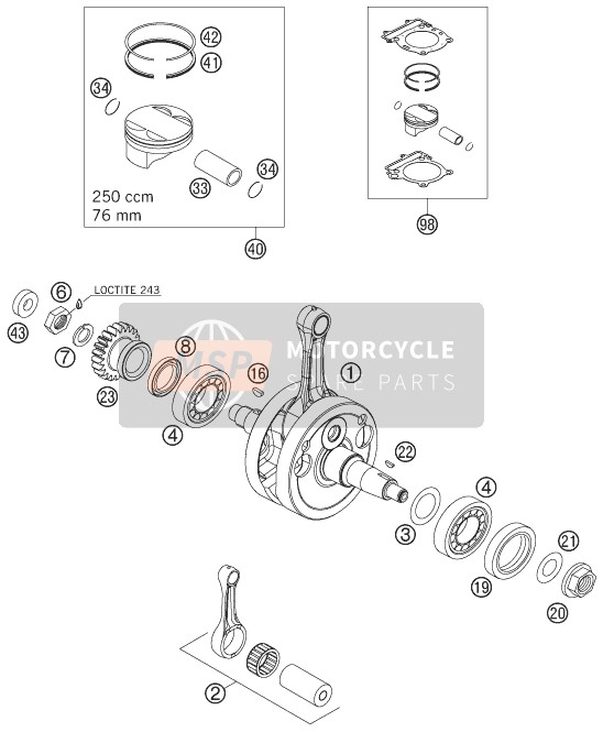 KTM 250 SXS-F Europe 2008 Cigüeñal, Pistón para un 2008 KTM 250 SXS-F Europe