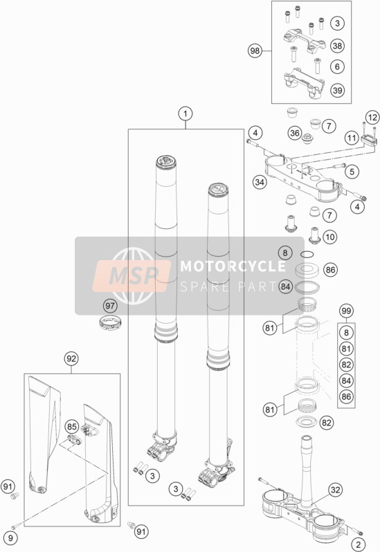 KTM 250 XC-F USA 2019 Voorvork, Kroonplaat set voor een 2019 KTM 250 XC-F USA