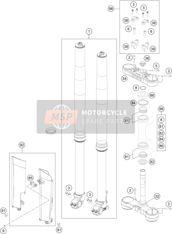 KTM 250 XC-W USA 2015 Voorvork, Kroonplaat set voor een 2015 KTM 250 XC-W USA