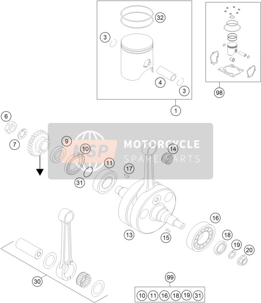KTM 250 XC-W USA 2016 Cigüeñal, Pistón para un 2016 KTM 250 XC-W USA