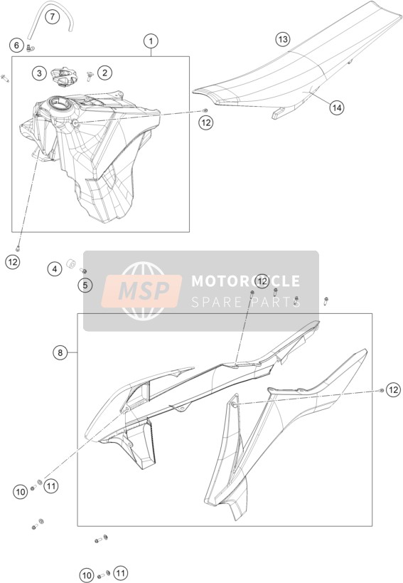 KTM 250 XC-W TPI USA 2018 Tank, Seat for a 2018 KTM 250 XC-W TPI USA