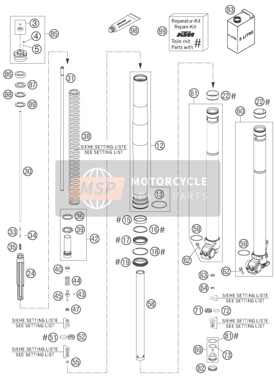 KTM 250 XC USA 2007 Voorvork gedemonteerd voor een 2007 KTM 250 XC USA