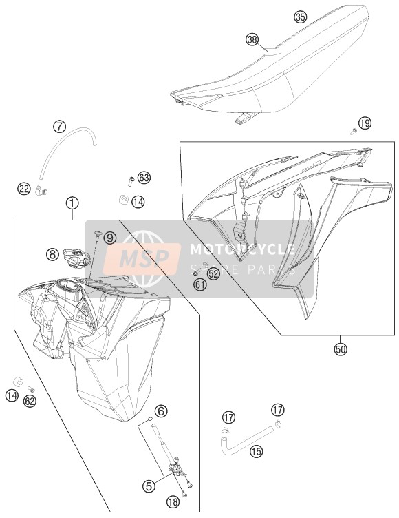 KTM 250 XC EU, US 2011 Tanque, Asiento para un 2011 KTM 250 XC EU, US