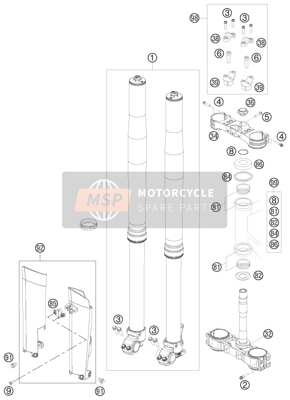 KTM 250 XC EU, US 2012 Voorvork, Kroonplaat set voor een 2012 KTM 250 XC EU, US