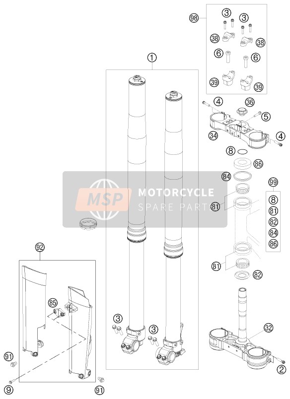 KTM 250 XC EU, US 2015 Voorvork, Kroonplaat set voor een 2015 KTM 250 XC EU, US