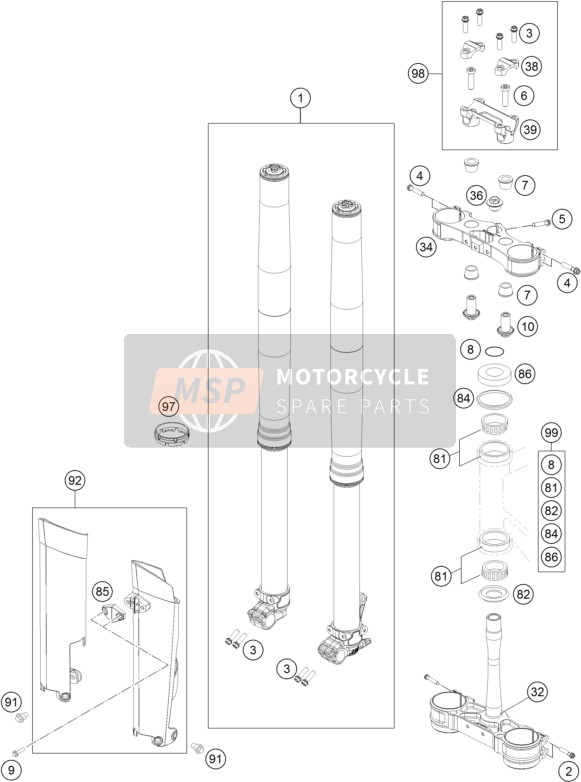 KTM 250 XC EU, US 2016 Voorvork, Kroonplaat set voor een 2016 KTM 250 XC EU, US