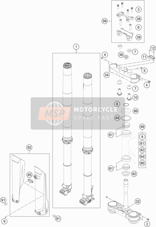 KTM 250 XC TPI USA 2020 Voorvork, Kroonplaat set voor een 2020 KTM 250 XC TPI USA