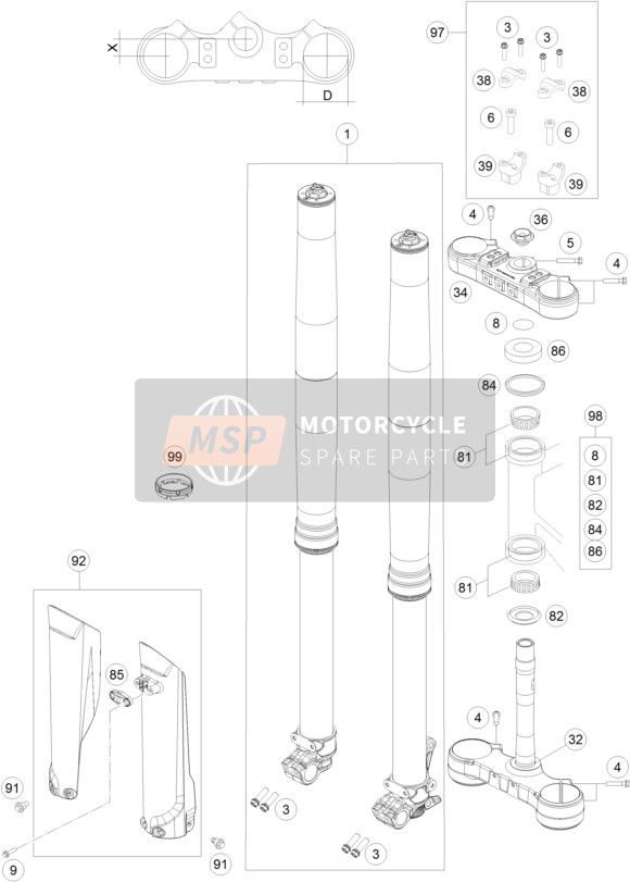 KTM 250 XCF-W USA 2016 Voorvork, Kroonplaat set voor een 2016 KTM 250 XCF-W USA