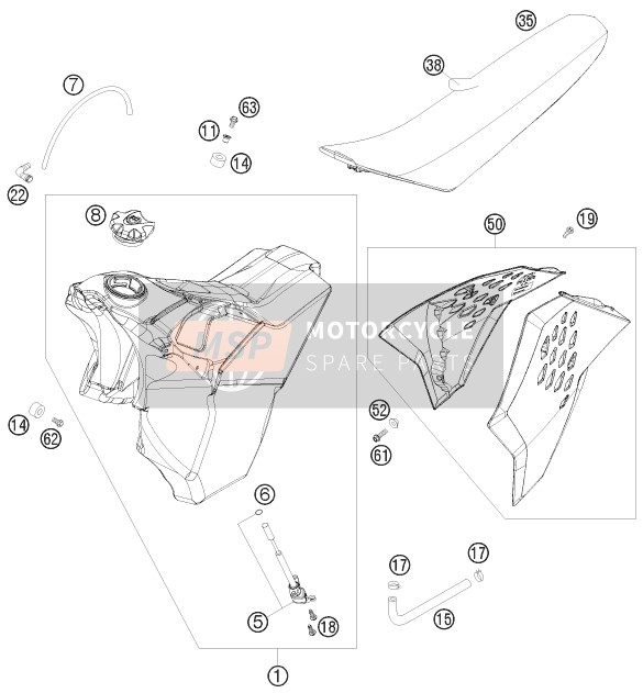 KTM 250 XCF-W CHAMPION EDIT. USA 2010 Tank, Seat for a 2010 KTM 250 XCF-W CHAMPION EDIT. USA