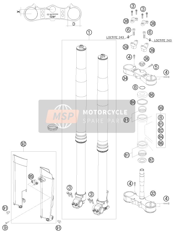 KTM 250 XCF-W SIX DAYS USA 2011 Voorvork, Kroonplaat set voor een 2011 KTM 250 XCF-W SIX DAYS USA