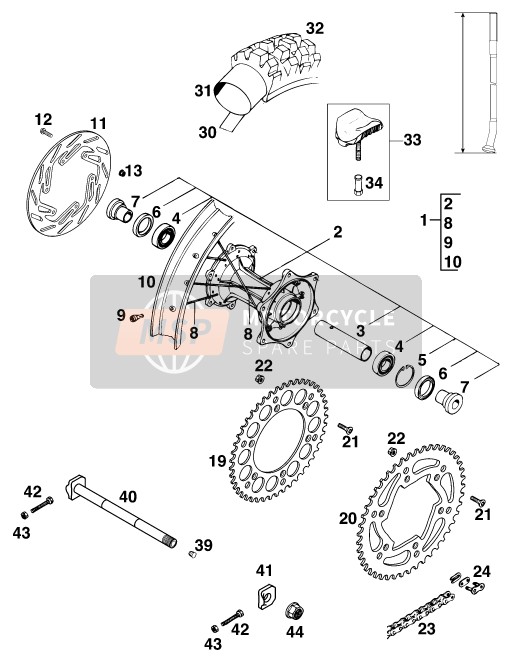 KTM 300 EGS M/O 12KW Europe 1996 Rear Wheel for a 1996 KTM 300 EGS M/O 12KW Europe