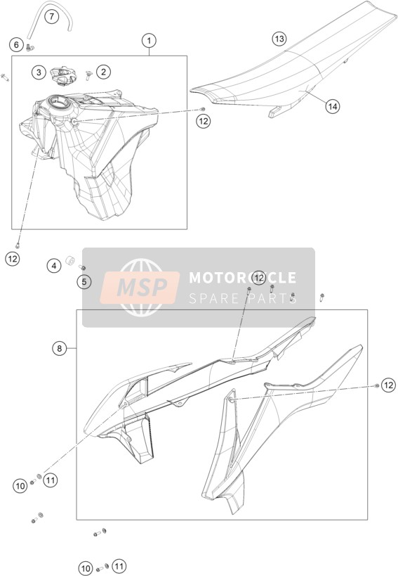 KTM 300 EXC TPI Europe 2018 Tank, Zadel voor een 2018 KTM 300 EXC TPI Europe