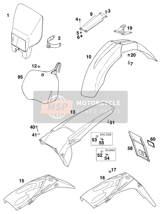 KTM 300 MXC 12lt USA 1998 Máscara, Guardabarros para un 1998 KTM 300 MXC 12lt USA