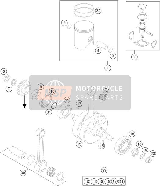 KTM 300 XC EU, US 2016 Krukas, Zuiger voor een 2016 KTM 300 XC EU, US