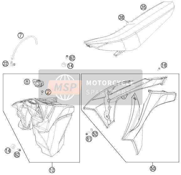 KTM 350 EXC-F USA 2012 Tank, Seat for a 2012 KTM 350 EXC-F USA