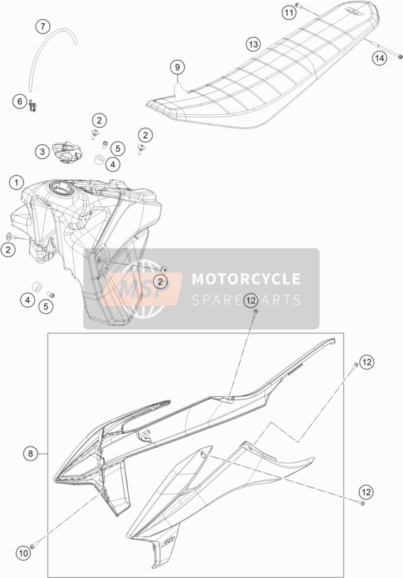 KTM 350 EXC-F USA 2020 Tank, Seat for a 2020 KTM 350 EXC-F USA
