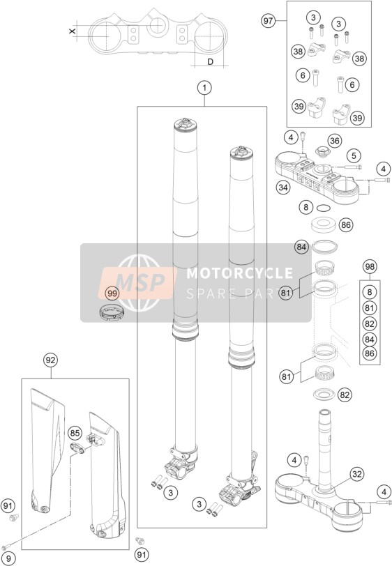 KTM 350 EXC-F CKD Brazil 2016 Forcella anteriore, Triplo morsetto per un 2016 KTM 350 EXC-F CKD Brazil