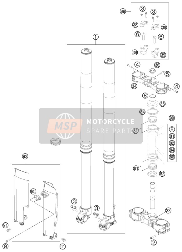 KTM 350 XC-F USA 2012 Voorvork, Kroonplaat set voor een 2012 KTM 350 XC-F USA