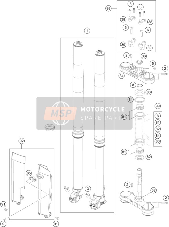KTM 350 XCF-W USA 2015 Voorvork, Kroonplaat set voor een 2015 KTM 350 XCF-W USA