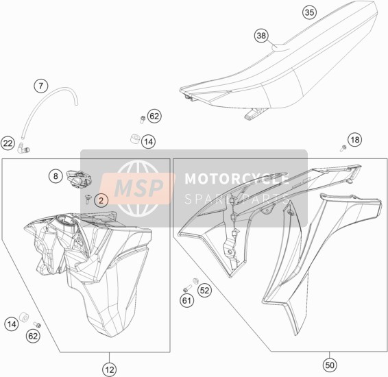 KTM 350 XCF-W SIX DAYS USA 2015 Tank, Zadel voor een 2015 KTM 350 XCF-W SIX DAYS USA