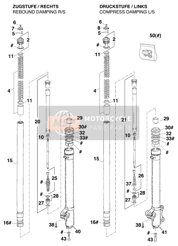 KTM 360 EGS M/O 17,5kW Europe 1997 Front Fork Disassembled for a 1997 KTM 360 EGS M/O 17,5kW Europe