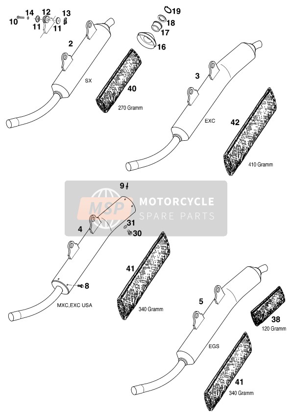 KTM 380 EGS 8kW Europe 1999 Hoofddemper voor een 1999 KTM 380 EGS 8kW Europe