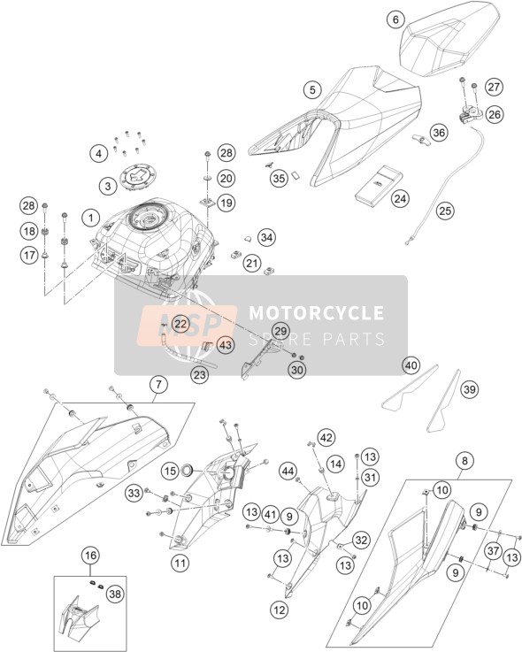 KTM 390 Duke, orange - CKD Argentina 2018 Tank, Seat for a 2018 KTM 390 Duke, orange - CKD Argentina