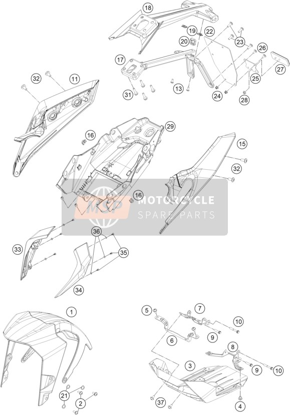 KTM 390 Duke, orange Thailand 2017 Masker, Spatborden voor een 2017 KTM 390 Duke, orange Thailand