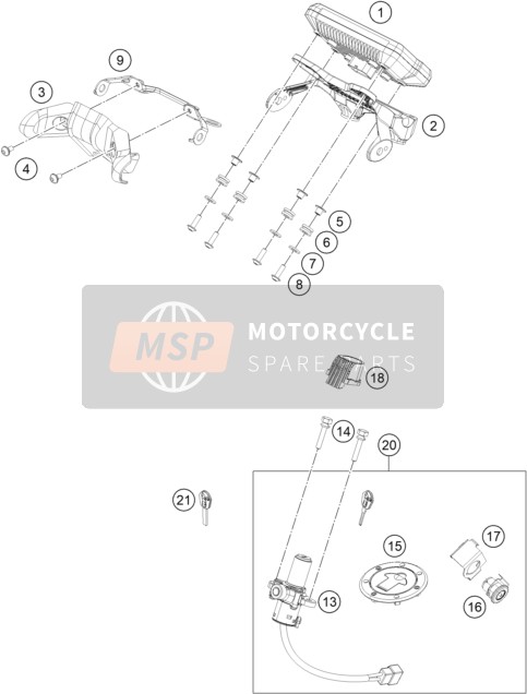 KTM 390 Duke, white - B.D. USA 2018 Instruments / Lock System for a 2018 KTM 390 Duke, white - B.D. USA