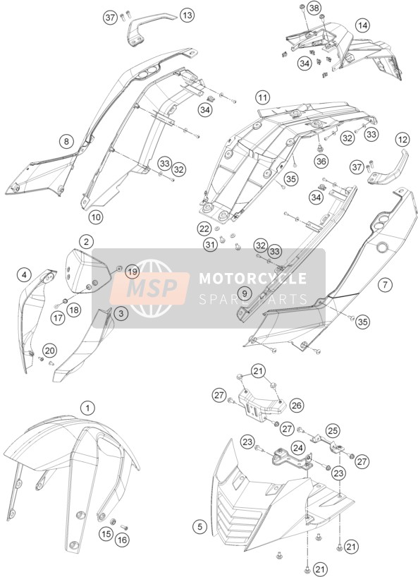 KTM 390 DUKE WHITE ABS BAJ.DIR.13 Europe 2013 Mask, Fenders for a 2013 KTM 390 DUKE WHITE ABS BAJ.DIR.13 Europe