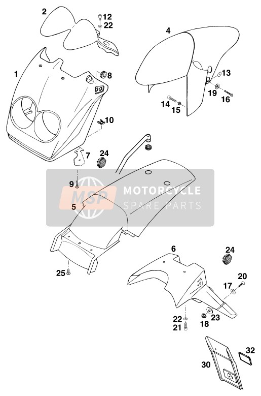 KTM 400 DUKE/ 20kW Europe 1994 Mask, Fenders for a 1994 KTM 400 DUKE/ 20kW Europe