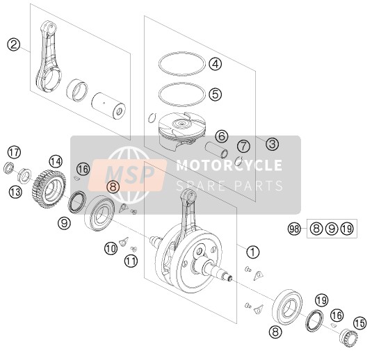 KTM 400 EXC FACTORY EDIT. Europe 2011 Albero motore, Pistone per un 2011 KTM 400 EXC FACTORY EDIT. Europe