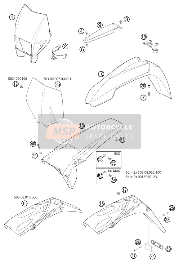 KTM 400 EXC RACING SIX-DAYS Europe 2002 Masker, Spatborden voor een 2002 KTM 400 EXC RACING SIX-DAYS Europe