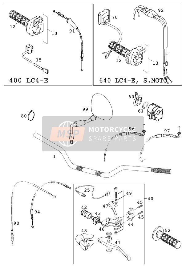 KTM 400 LC4-E USA 2000 Handlebar, Controls for a 2000 KTM 400 LC4-E USA