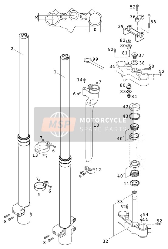 KTM 400 LC4 R Europe 1999 Voorvork, Kroonplaat set voor een 1999 KTM 400 LC4 R Europe