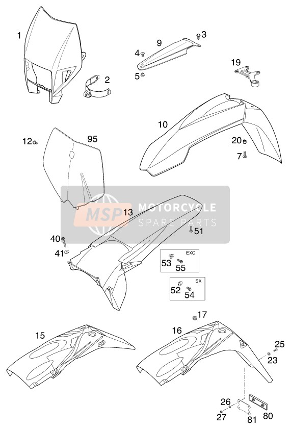 KTM 400 SX RACING USA 2000 Mask, Fenders for a 2000 KTM 400 SX RACING USA