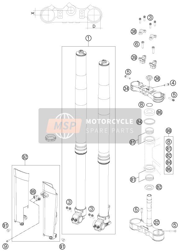 KTM 450 EXC FACTORY EDIT. Europe 2011 Voorvork, Kroonplaat set voor een 2011 KTM 450 EXC FACTORY EDIT. Europe