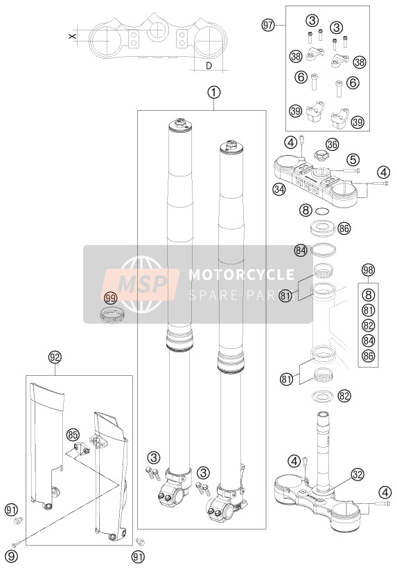 KTM 450 XC-W USA 2013 Voorvork, Kroonplaat set voor een 2013 KTM 450 XC-W USA