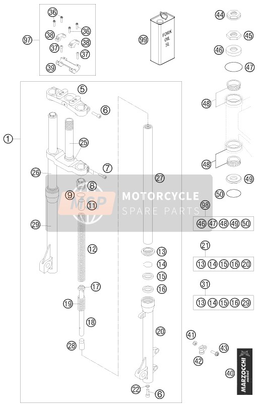 KTM 50 SX Europe (2) 2008 VORDERRADGABEL, GABELBRÜCKE für ein 2008 KTM 50 SX Europe (2)