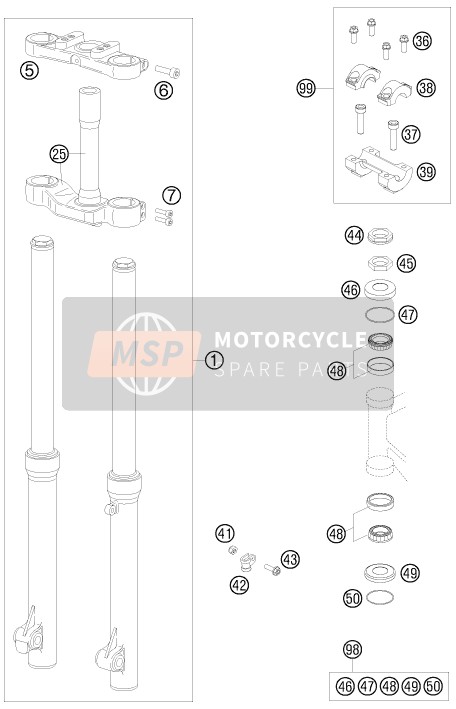 KTM 50 SX Mini Europe 2011 Tenedor frontal, Abrazadera triple para un 2011 KTM 50 SX Mini Europe