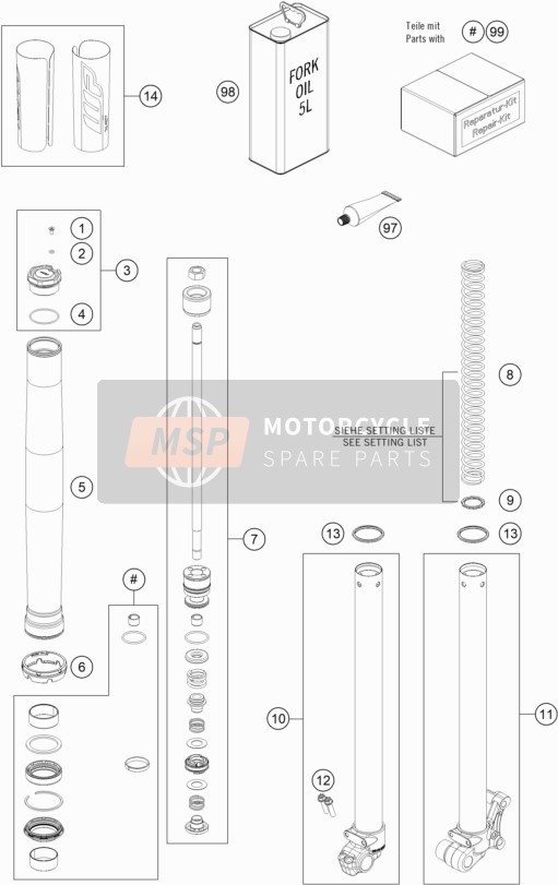 KTM 50 SX Mini Europe 2020 Horquilla delantera desmontada para un 2020 KTM 50 SX Mini Europe