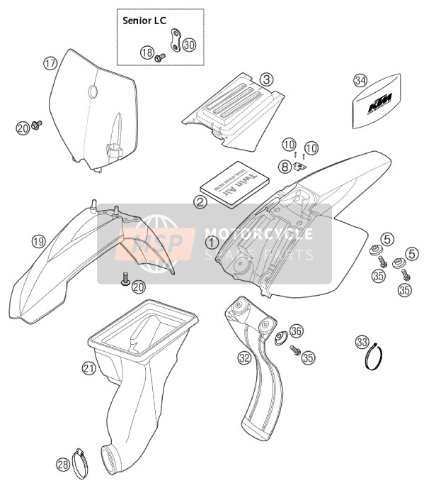 KTM 50 SX PRO SENIOR LC Europe 2004 Maschera, Parafanghi per un 2004 KTM 50 SX PRO SENIOR LC Europe