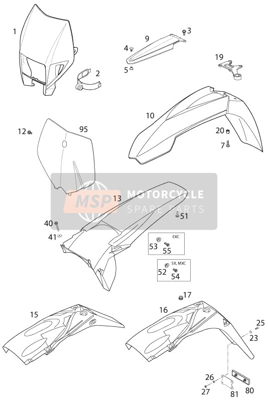 KTM 520 EXC RACING Australia 2001 Masker, Spatborden voor een 2001 KTM 520 EXC RACING Australia