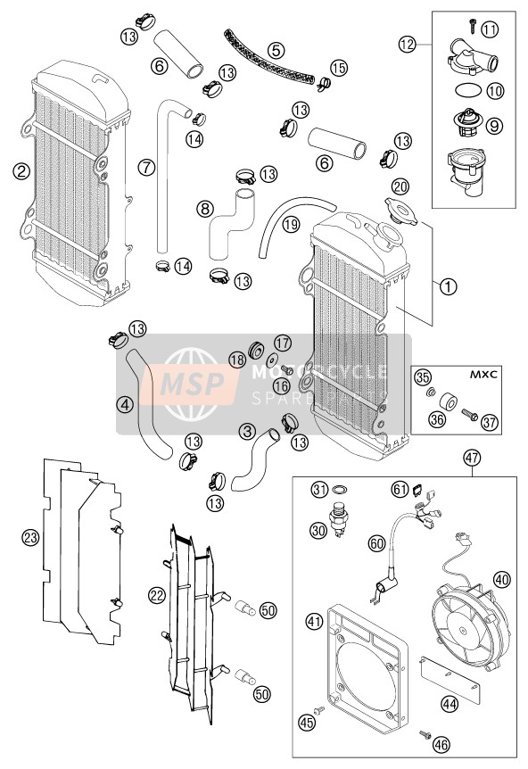 KTM 520 MXC RACING USA 2002 Sistema de refrigeración para un 2002 KTM 520 MXC RACING USA